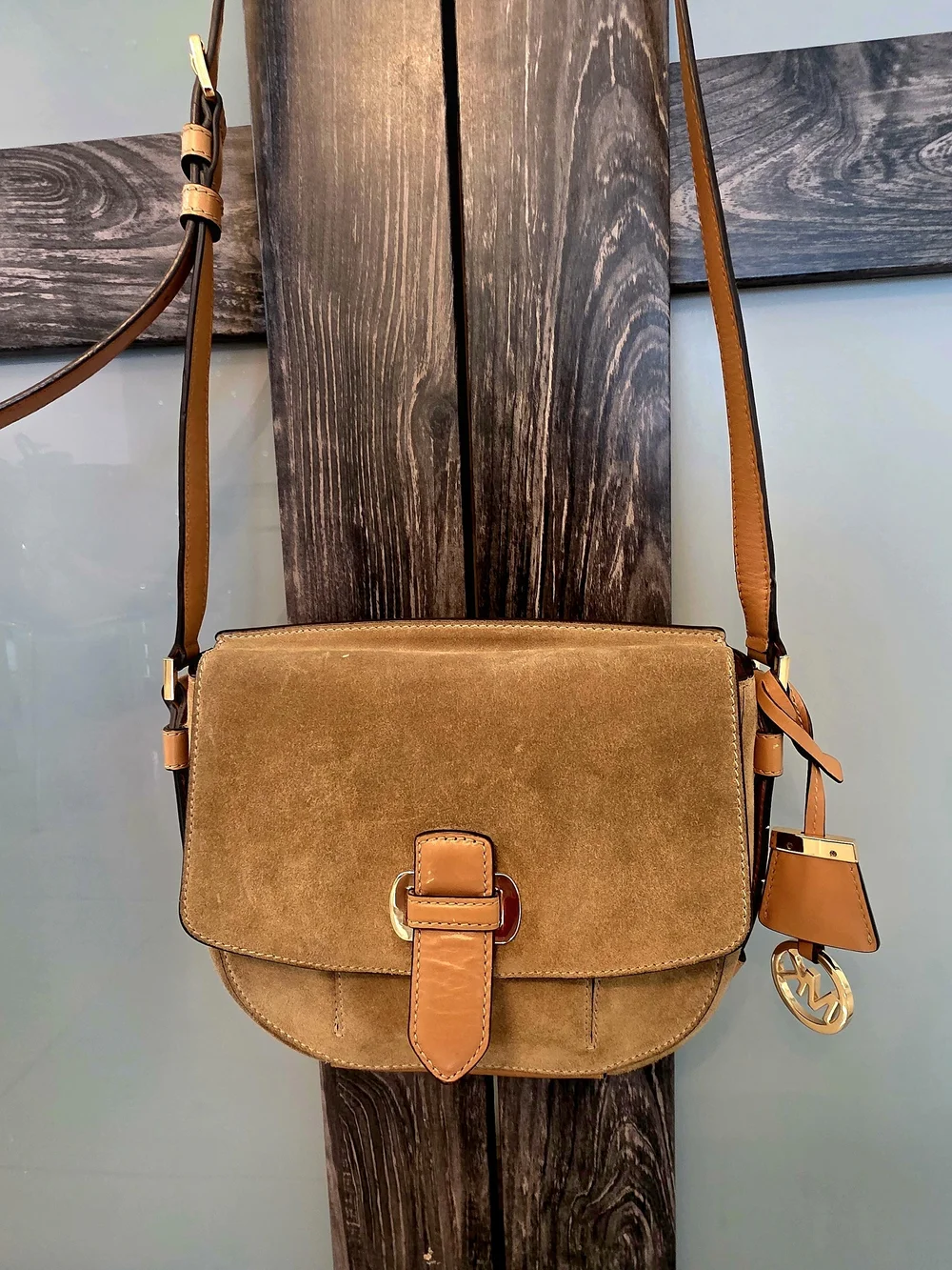 Michael Kors Tan Suede Leather Shoulder Bag - Gold Hardware, Buckle, MK Charm - Picture 8 of 12